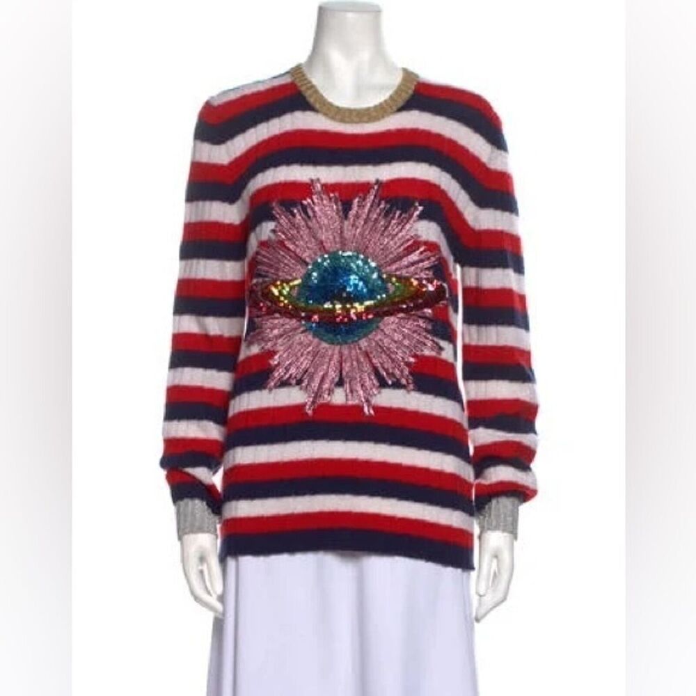 GUCCI MICHELE sweater 100% wool striped UFO sequins XL Women’s Designer 16 18 - Picture 2 of 10